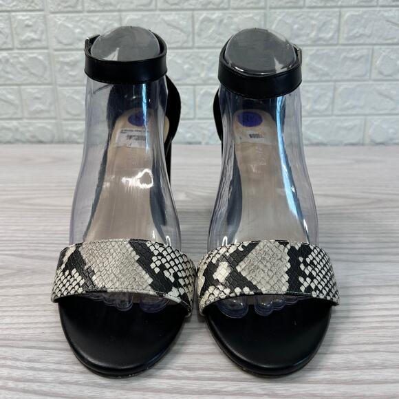 Nine West Sandals WMNS 8.5M Black Silver Snake Print Leather Ankle Strap Heeled - Picture 3 of 9